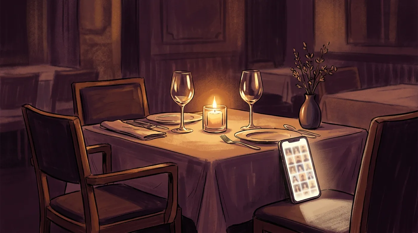 A candlelit restaurant table set for two. One chair is empty; on the other seat a glowing phone is propped up, showing an endless grid of tiny profile squares.