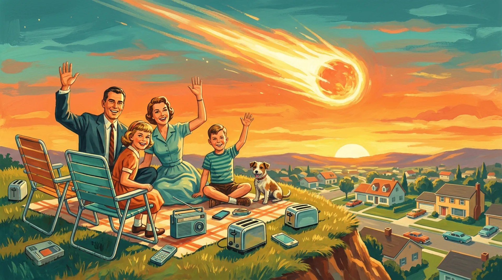 A 1950s-style painting of a smiling family on a hilltop picnic, waving cheerfully at a giant comet streaking across a sunset sky, toasters and phones scattered on the blanket, a tidy suburb below.