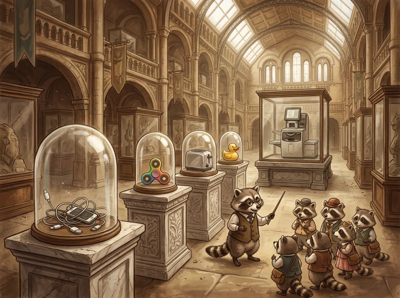 A dusty grand museum hall run by raccoons in tiny spectacles: under glass domes sit a fidget spinner, a toaster, a rubber duck and a tangle of phone chargers, with a self-checkout machine in a glass case, while a raccoon docent lectures a raccoon tour group.